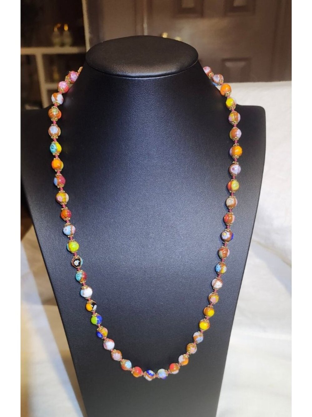 Vintage Italian Millefiori Glass Bead Necklace Gold-Tone Filigree End Caps - Picture 3 of 6